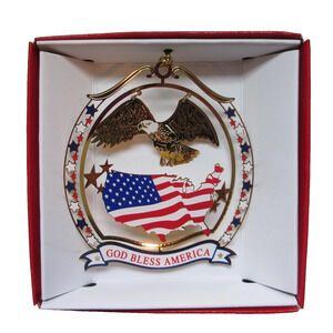 God Bless America Ornament Colored Brass Patriotic USA Flag Eagle Red White Blue